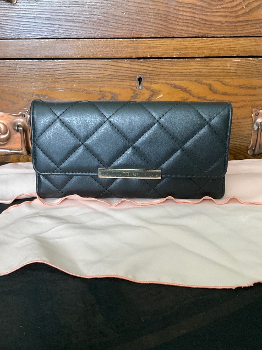 Nine West Mirabella Check Sec Quilted Black Wallet Clutch with Metal Logo Plate